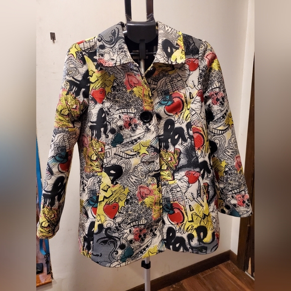3 Sisters Vintage Multicolor Graphic Art Women's Blazer Large Buttons Sz M - Picture 3 of 13